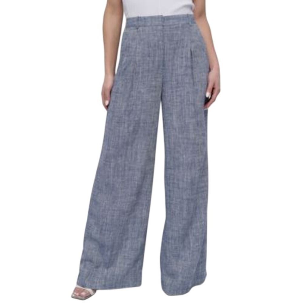 DKNY Women's Petite High-Rise Wide-Leg Pants in Atlantic Blue Ivory